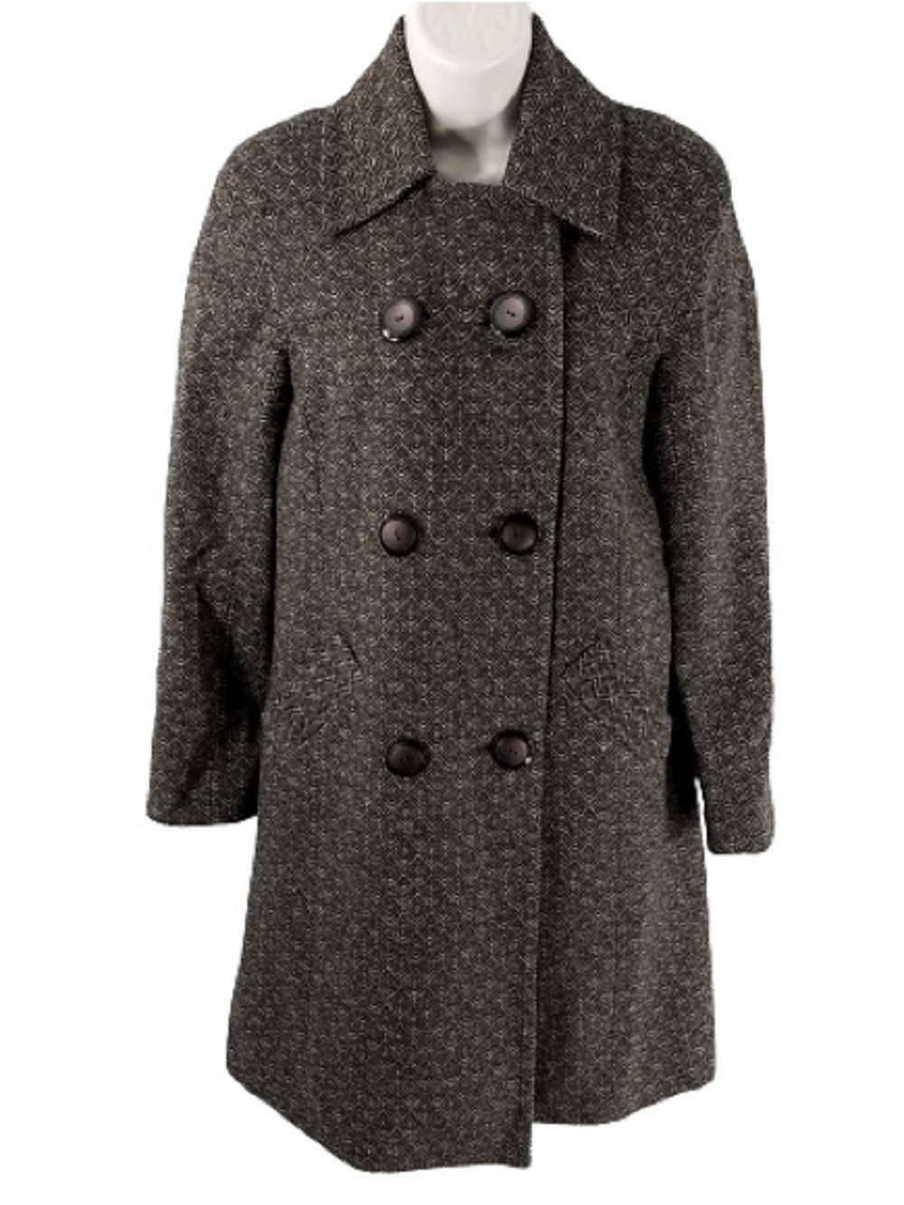 Trina Turk Size 10 Brown Herringbone Pattern Wool Silk Double Breasted Pea Coat